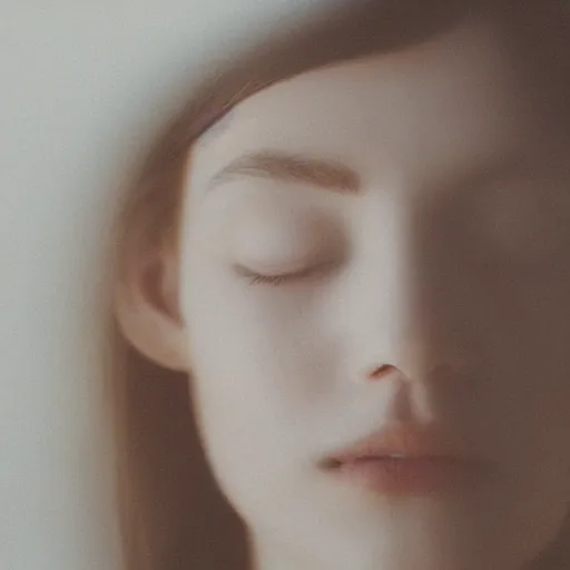 Image similar to photorealistic portrait of a beautiful young woman, very blurry, out of focus, translucent stone white skin, closed eyes, foggy, closeup