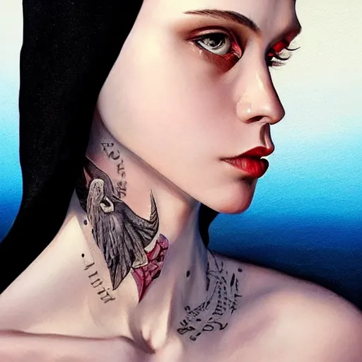 Image similar to A masterpiece portrait of a Incredibly beautiful queer girl with piercing and tatoo in black leather nun hat. Incredible light. light night, artstation Masterpiece. Angel. Angel wings. medium shot, intricate, elegant, highly detailed. trending on artstation, digital art, by Stanley Artgerm Lau, WLOP, Rossdraws, James Jean, Andrei Riabovitchev, Marc Simonetti, Yoshitaka Amano. background by James Jean and Gustav Klimt, light by Julie Bell, 4k, porcelain skin. Octane render. epic dark fantasy. Highly detailed digital painting. By greg rutkowski