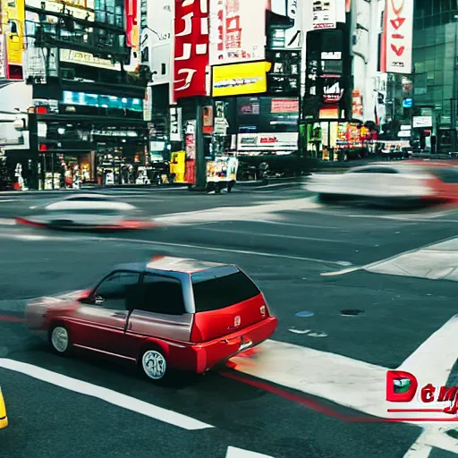 Image similar to A Jdm car drifting in shibuya streets, Hd, PhotoReal, Japanese, Moving