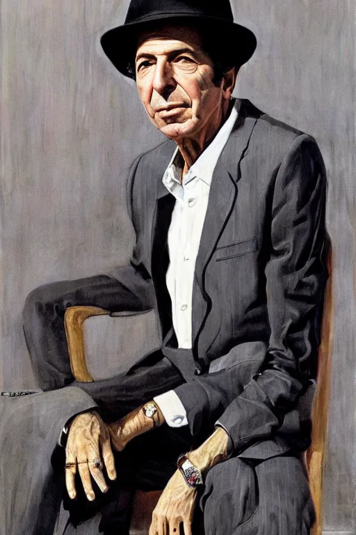 Image similar to portrait of leonard cohen, wearing trilby, immaculately dressed, by Frank McCarthy