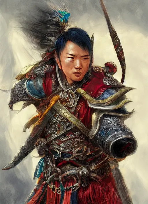 Prompt: chinese warrior hair curtains, looking down, dndbeyond, bright, colourful, realistic, dnd character portrait, full body, pathfinder, pinterest, art by ralph horsley, dnd, rpg, lotr game design fanart by concept art, behance hd, artstation, deviantart, hdr render in unreal engine 5