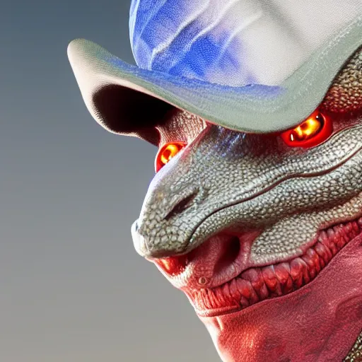 Image similar to dragon with a maga hat and a rifle 4 k ultra detailed realistic ray traced unreal engine