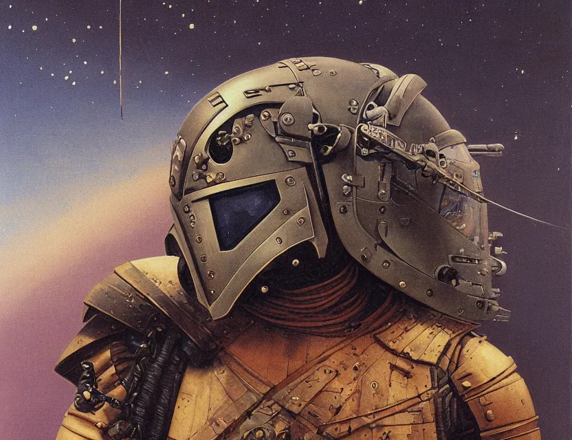 Image similar to a detailed portrait painting of a bounty hunter in combat armour and visor standing inside his ship. cinematic sci-fi poster. Flight suit and wires, accurate anatomy. Samurai influence, fencing armour. portrait symmetrical and science fiction theme with lightning, aurora lighting. clouds and stars. Futurism by beksinski carl spitzweg moebius and tuomas korpi. baroque elements. baroque element. intricate artwork by caravaggio. Oil painting. Trending on artstation. 8k