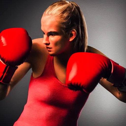 Prompt: photo of wolf wearing boxing gloves in fighter stance, dark room, red lighting,