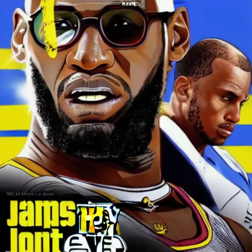 Image similar to lebron james in gta v cover art, sharp details, sharp focus