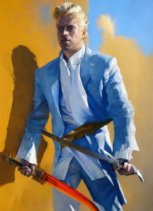 Image similar to greg manchess side portrait of a blond man in a blue suit with a big sword, asymmetrical, profile picture, organic painting, sunny day, matte painting, bold shapes, hard edges, street art, trending on artstation, by huang guangjian, gil elvgren, ruan jia, randy vargas, greg rutkowski