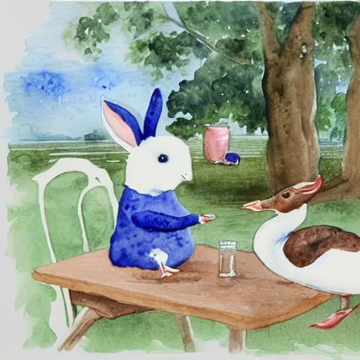 Prompt: a watercolour painting of a goose and a bunny having afternoon tea