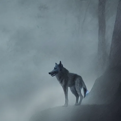 Image similar to Werewolf cinematic, detailed illustration, nature, fog, dark colors, unknown, confusing, 8k,