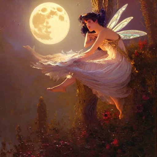 Image similar to attractive fairy magically floating high in the night, fantasy, full moon in background. highly detailed painting by gaston bussiere, craig mullins, j. c. leyendecker, mid shot, 8 k realistic, cryengine, frostbite 3 engine, sharp focus