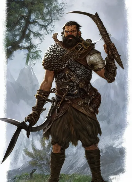 Image similar to strong young man, photorealistic bugbear ranger holding aflaming sword, black beard, dungeons and dragons, pathfinder, roleplaying game art, hunters gear, jeweled ornate leather and steel armour, concept art, character design on white background, by alan lee, norman rockwell, makoto shinkai, kim jung giu, poster art, game art