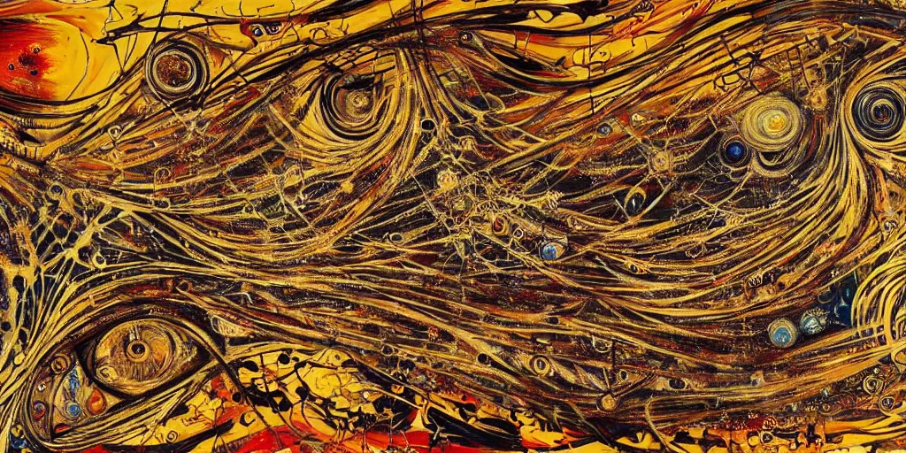 Prompt: an intricate and complex abstract painting with a lot of stains, golden threads, brown holes, surreal style, colorful, hyper detailed, jackson pollock,