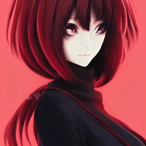 Image similar to anime girl in dark red turtleneck, black coat, elegant, 2d, ultra highly detailed, digital painting, smooth, sharp focus, artstation, portrait art by Ilya Kuvshinov