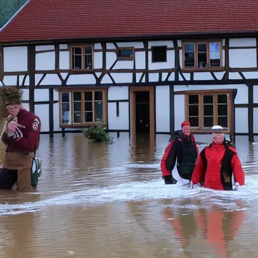 Image similar to Jerma985 visiting a small german town that is being flooded, movie screenshot, dramatic scene