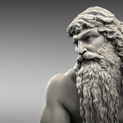 Image similar to a marble statue depicting a bearded wild man infront of a moog modular synthesizer, 8 k, unreal engine,