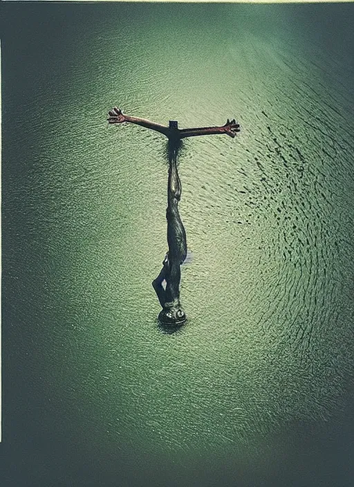 Image similar to “semitranslucent smiling frog vertically hovering over misty lake waters in crucifix pose, low angle, long cinematic shot by Andrei Tarkovsky, paranormal, eerie, mystical”