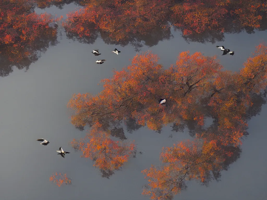 Image similar to rosy clouds fly with lone mallards side by side, autumn waters blend into the hues of th'vast sky, cinematic landscape ， on a snowy day, natural light, by xu beihong