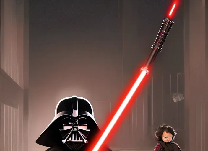 Image similar to a dramatic highly detailed render of darth vader with red lightsaber drawn facing a cute toddler with its back to the camera, futuristic star wars vibe, by WLOP and Artgerm and Greg Rutkowski and Alphonse Mucha, Beautiful dynamic dramatic dark moody lighting, shadows, cinematic atmosphere, Artstation, concept design art, Octane render, 8K, masterpiece, sharp focus, hyperrealistic