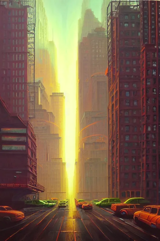 Image similar to downtown new york city in a redwood solar punk vision, oil on canvas by klaus burgle, simon stalenhag, ultra - realistic 3 d depth shading