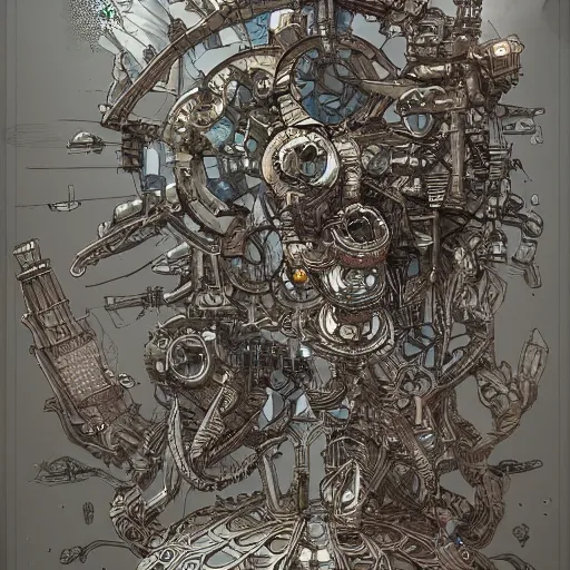 Prompt: machine god rebuilding itself, fantasy, d & d, intricate, detailed, whimsical, detailed, trending on artstation, trending on artstation, smooth