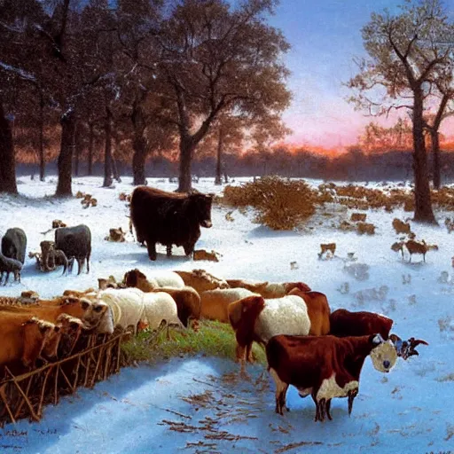 Image similar to an extremely detailed matte painting of a rancher feeding the animals at sunrise, dog, cows, sheep, chickens, ducks, 4 k, ranch the morning after a light snowfall, by bob ross and norman rockwell