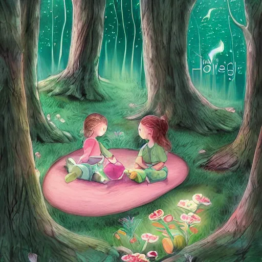 Image similar to a beautiful illustration of cute children dreaming about a beautiful forest, digital art