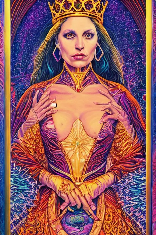 Prompt: beautiful tarot card of the queen of dreams by dan mumford and carol bak and alex grey, oil on canvas, intricate, symmetrical, portrait, 8k highly professionally detailed, HDR, CGsociety