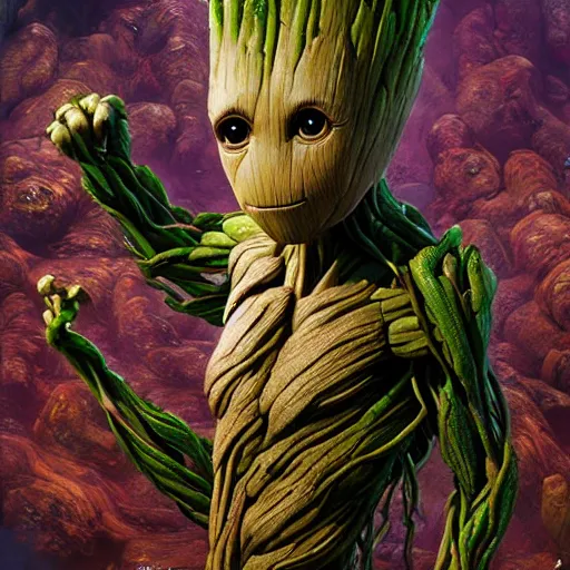 Image similar to groot, hyper detailed, digital art, trending in artstation, cinematic lighting, studio quality, smooth render, unreal engine 5 rendered, octane rendered, art style by klimt and nixeu and ian sprigger and wlop and krenz cushart