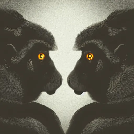 Prompt: two macaques looking at each other inside ancient cave, digital art, soft shadows, creepy art, drawn by shadman