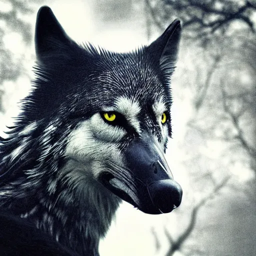 Image similar to mixture between an!! crow and! wolf, photograph captured in a dark forest, realistic