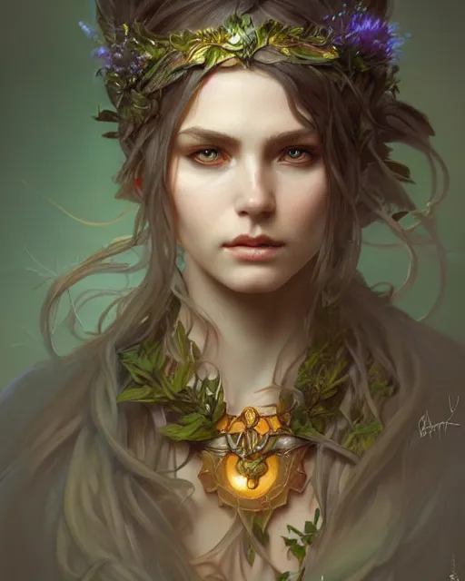 Prompt: beautiful female druid, portrait, fantasy, young, perfect eyes, detailed, sketch, intricate, leaves and simple cloth, dynamic lighting, digital art, digital painting, artstation, wlop, sharp focus, illustration, art by artgerm and greg rutkowski and alphonse mucha, 8 k