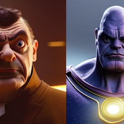 Prompt: mr. bean as thanos. movie still. cinematic lighting.! dream mr. bean as thanos from the avengers movie. movie still. cinematic lighting.