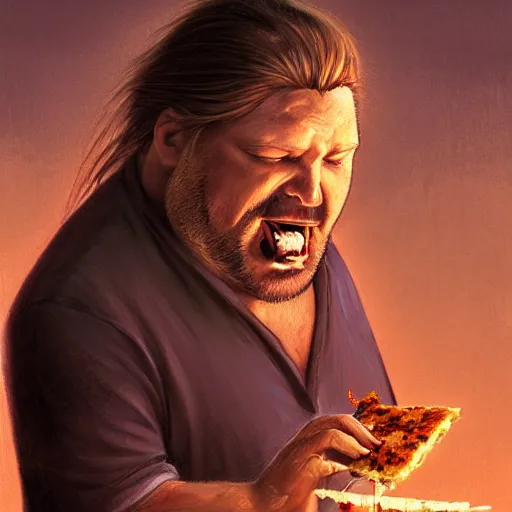 Prompt: portrait of a half fatman half pig eating kebab with long hair tied in a ponytail, light stubble with red shirt ,digital art,photorealistoc,art by greg rutkowski,hyperdetailed,western comic style,comic,comic style,sharp lineart,professional lighting,deviantart,artstation,trevor henderson,rossdtaws,cinematic,dramatic