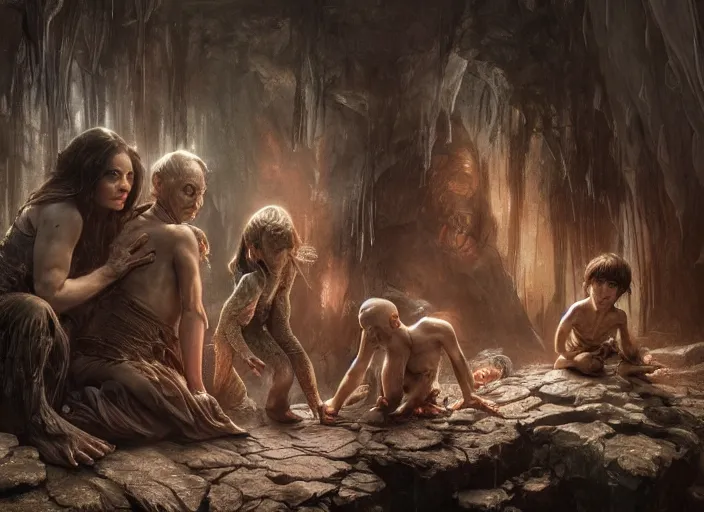 Image similar to a dramatic highly detailed render of Gollum family , Middle-earth , by WLOP and Artgerm and Greg Rutkowski and Alphonse Mucha, Beautiful dynamic dramatic dark moody lighting, shadows, cinematic atmosphere, Artstation, Octane render, 8K, masterpiece, sharp focus, hyperrealistic, photograph