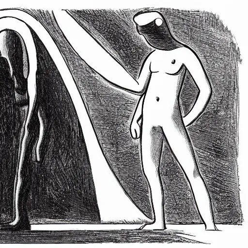 Prompt: ordered by alexander archipenko, by claude monet adventure time. a illustration of a large, black - clad figure of the king looming over a small, defenseless figure huddled at his feet. the king's face is hidden in shadow. menacing stance, large, sharp claws, dangerous & powerful creature.