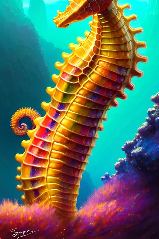 Image similar to highly detailed portrait of rainbow - colored seahorse, stephen bliss, unreal engine, fantasy art by greg rutkowski, rhads, ferdinand knab, makoto shinkai and lois van baarle, ilya kuvshinov, rossdraws, tom bagshaw, global illumination, radiant light, yellow blue theme, coral reef