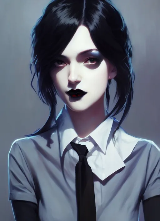 Image similar to ultradetailed beautiful panting of a stylish goth woman wearing a shirt with a tie, dramatic, she has black hair, distressed, by greg rutkowski, james jean, makoto shinkai, ilya kuvshinov, on artstation