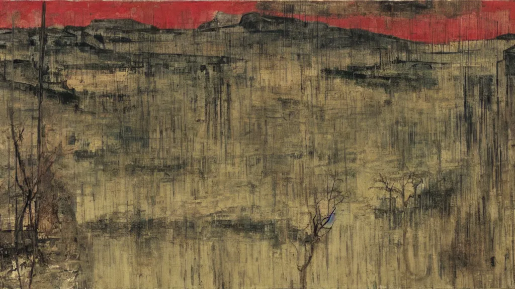 Image similar to a chinese prison near a river by peter doig, muted colors