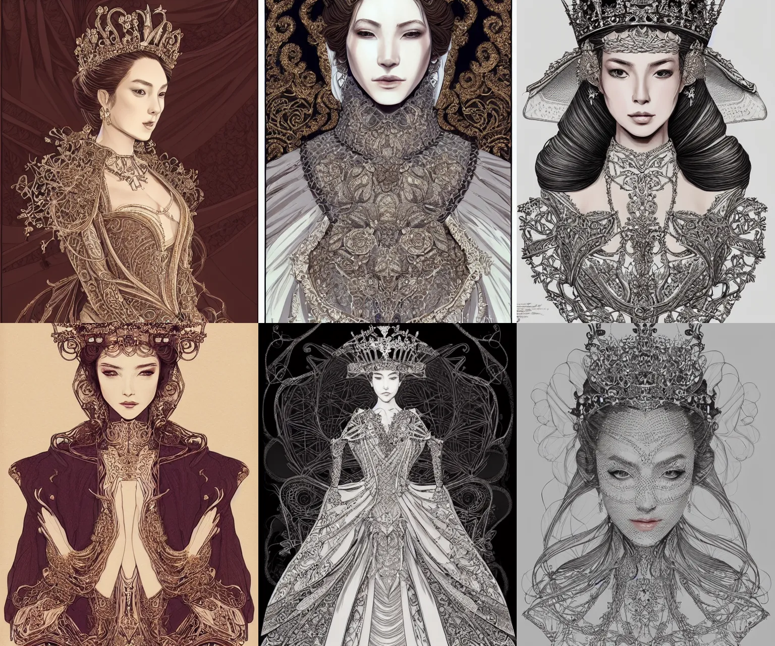 Prompt: portrait of a queen, elegant, fancy clothing, intricate linework, full - color, beautiful, mesmerizing, concept art, detailed and intricate environment, artstation, trending, behance, deviantart, by hideyuki morioka, akio watanabe, ito ogure, vofan