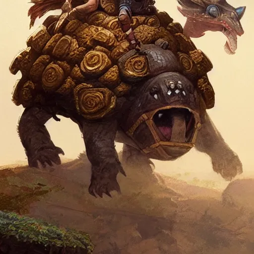 Prompt: aztec riding a glyptodon, fullbody, fantasy, intricate, elegant, highly detailed, digital painting, artstation, longspear, concept art, smooth, sharp focus, illustration, art by greg rutkowski and justin gerard