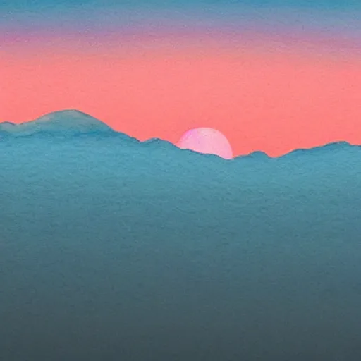 Image similar to blue watercolor mountains with a pink and blue rising sun cloudy sky, soft colors