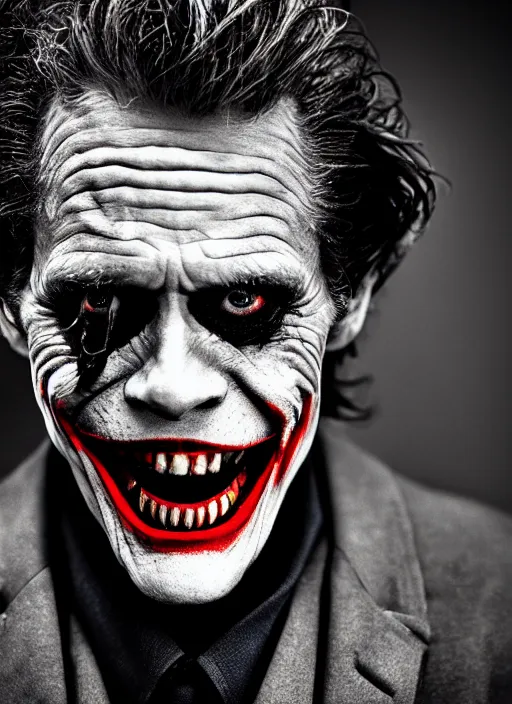 Prompt: photo of Willem Dafoe as the Joker by Lee Jeffries, big smile, detailed, award winning, Sony a7R