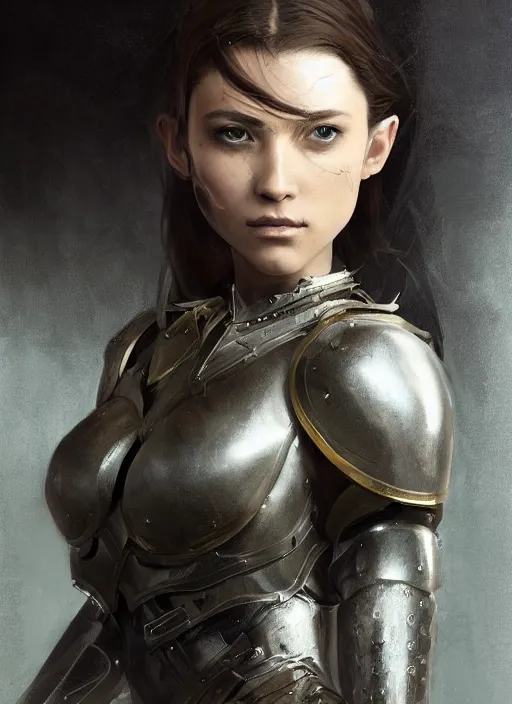 Image similar to a professional photographic portrait of a beautiful young female, clothed in battle armor, exposed waist, olive skin, long dark hair, beautiful bone structure, symmetrical facial features, intricate, elegant, digital painting, concept art, smooth, sharp focus, illustration, from Metal Gear, by Ruan Jia and Mandy Jurgens and Artgerm and William-Adolphe Bouguerea