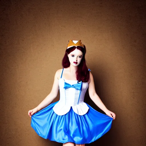 Image similar to beautiful full body portrait of cute alice in wonderland, middle aged, atmospheric, wearing strap shoes, blue white dress