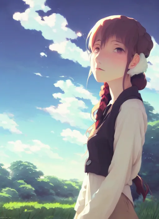 Image similar to portrait of emma stonel, cloudy sky background lush landscape illustration concept art anime key visual trending pixiv fanbox by wlop and greg rutkowski and makoto shinkai and studio ghibli