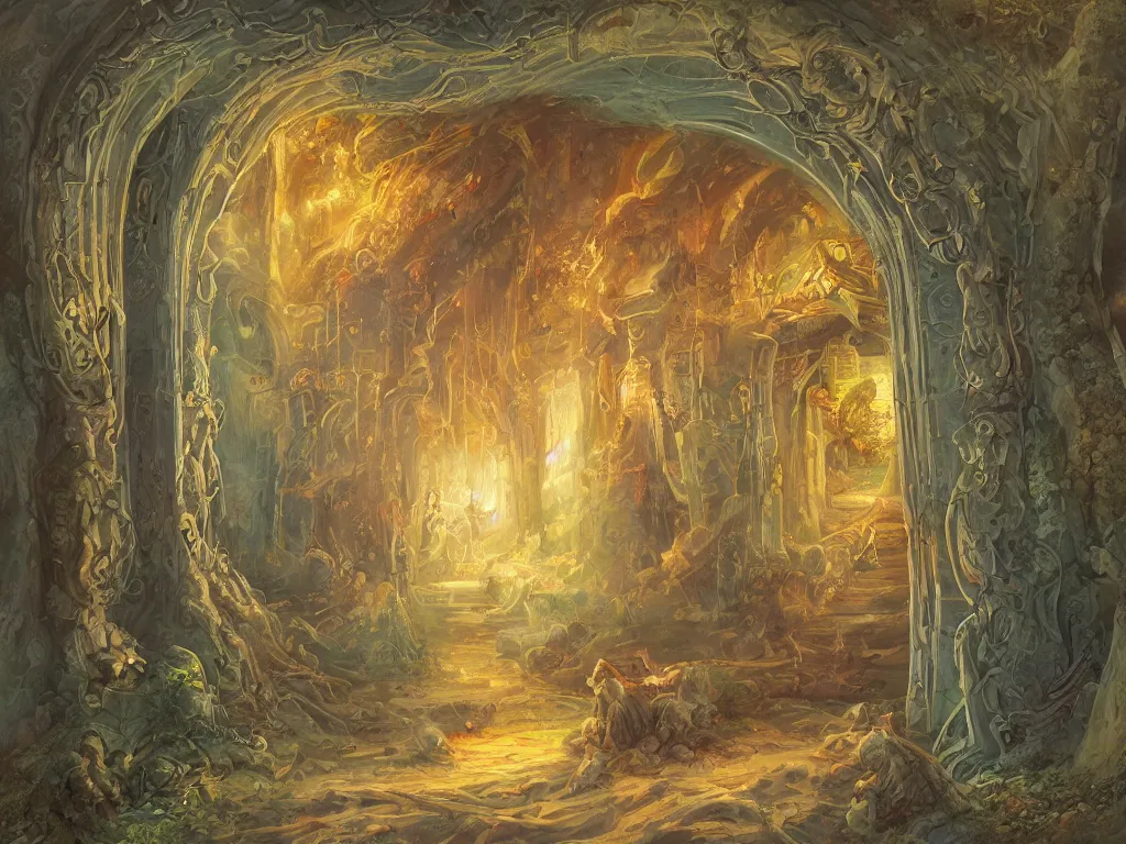 Prompt: detailed painting of a magical book that is a portal to a fantasy realm