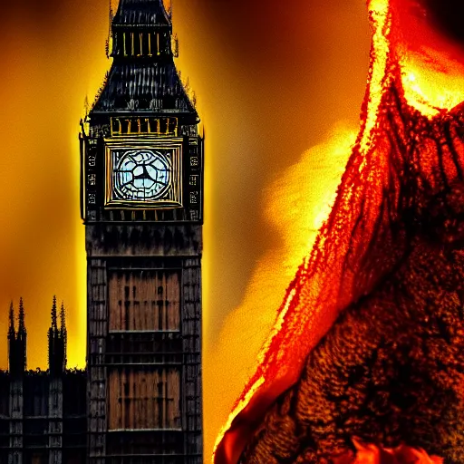 Image similar to the big ben of london is on fire and lava is pouring out of the clock, realism, realistic, hdr,