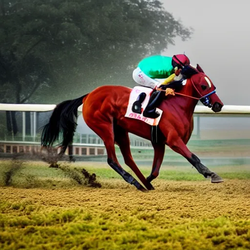 Image similar to close - up front view of a racing thoroughbred stallion ( with jockey in colorful outfit ) galloping extremely hard and emerging headfirst out of very dense ground fog to win a race at the track.