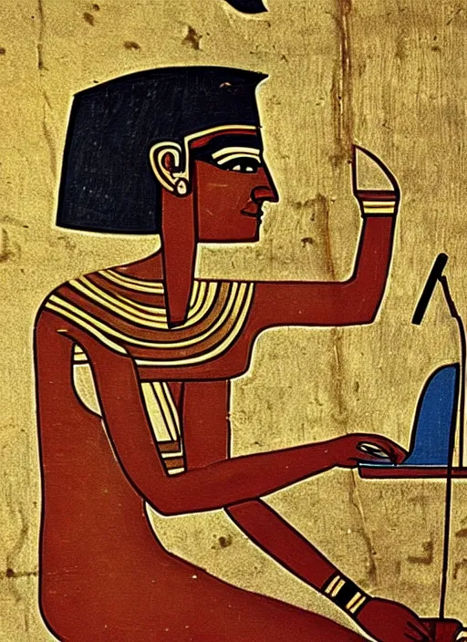 Prompt: ancient egypt painting of man using computer, 4 k, high quality, sharp fucos