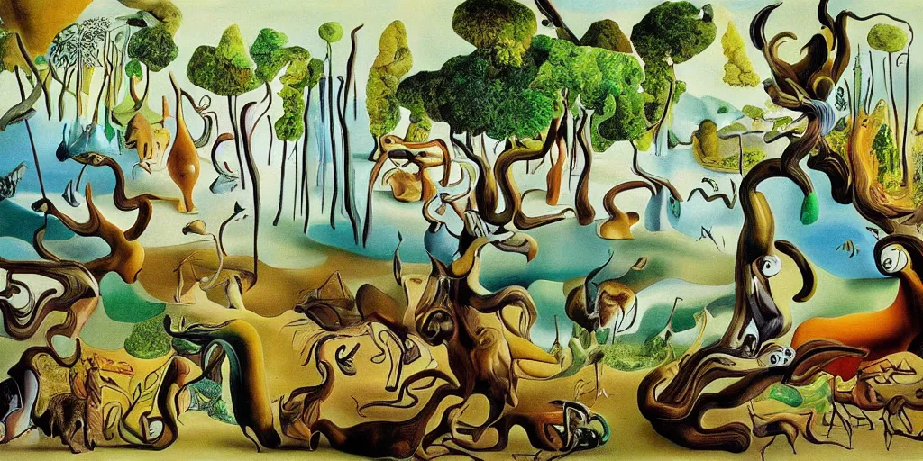 Image similar to Painting of a forest with rivers and animals in the style of Salvador Dali, highly detailed