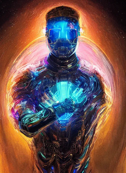 Prompt: masterpiece portrait of a cosmic man wearin glowwave armor, au naturel, hyper detailed, digital art, trending in artstation, cinematic lighting, studio quality, smooth render, unreal engine 5 rendered, octane rendered, art style by klimt and nixeu and ian sprigger and wlop and krenz cushart